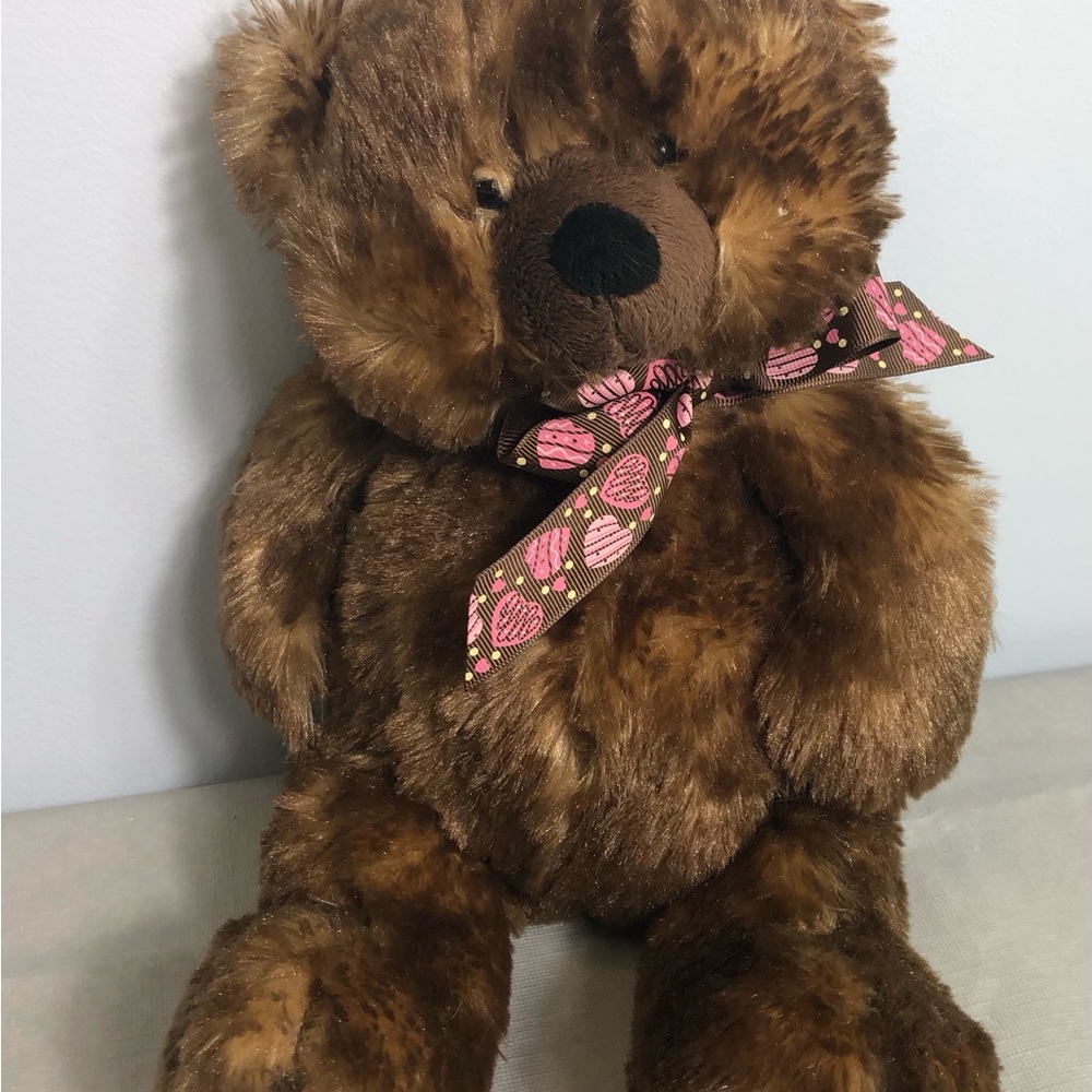 Ganz Brown Teddy Bear Plushy Stuffed Animal  14" brown bow with pink hearts